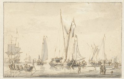 Widok na plażę z zacumowanymi statkami? autorstwa Abraham Storck