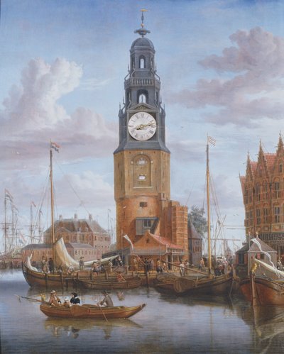 Widok na wieżę Haringspacker w Amsterdamie, z działającą tarczą zegarową wmontowaną w obraz, 1684 (panel) autorstwa Abraham Storck