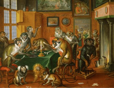 Tabakskollegium von Affen - Paląca partia małp ... (olej na miedzi) autorstwa Abraham Teniers