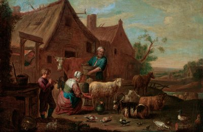 Chłopska rodzina z bydłem, owcami i kozami na obejściu (olej na płótnie) autorstwa Abraham Willemsens