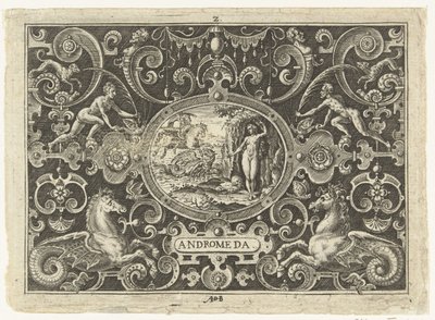 Kartusz: Perseusz uwalnia Andromedę Owalne kartusze ze scenami z życia Perseusza w oprawie groteski (tytuł serii) Andromeda (tytuł na obiekcie) autorstwa Abraham de Bruyn