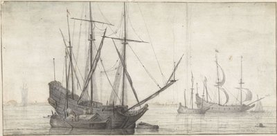 Żaglowce na wodzie stojącej w pobliżu wybrzeża autorstwa Abraham de Verwer (possibly)