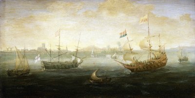 Holenderska i brytyjska łódź pod banderą Stuartów, płynąca z widocznego na horyzoncie portu, otoczona przez różne małe łodzie. autorstwa Abraham de Verwer