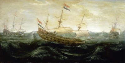 Holenderski statek płynący po bardzo wzburzonym morzu, podróżujący ze zredukowanymi żaglami, na których szaleje wiatr. Olej na miedzi, około 1625 roku, autorstwa Abrahama de Verwera (około 1585-1650). autorstwa Abraham de Verwer