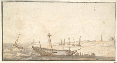 Plaża ze statkami w pobliżu Scheveningen autorstwa Abraham de Verwer