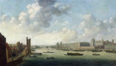 Perspektywa Widok Paryża Widok perspektywiczny Paryża z Barber Bridge w dół rzeki, przedstawiający Hôtel Bourbon, The Grande Galerie of the Louvre, c.1640 autorstwa Abraham de Verwer