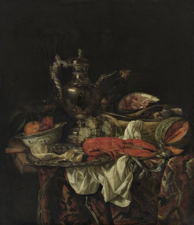 Niderlandzki: Martwa natura ze srebrnym dzbanem odzwierciedlającym portret artysty, owoce, homara i pieczeń Martwa natura ze srebrnym dzbanem autorstwa Abraham van Beijeren