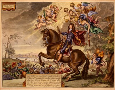 Karol II z dedykacją w języku francuskim, ze starym mostem londyńskim w tle, z The Method and New Invention of Dressing Horses Williama Cavendisha, wydanej w 1737 (2 wyd.) (akwatinta) autorstwa Abraham van Diepenbeeck