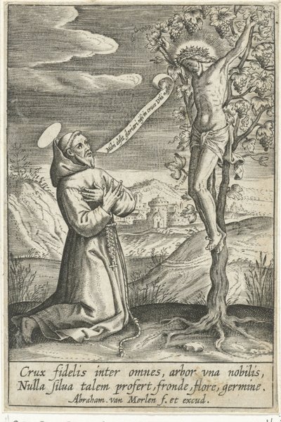 Klęczący święty przed Chrystusem na krzyżu autorstwa Abraham van Merlen