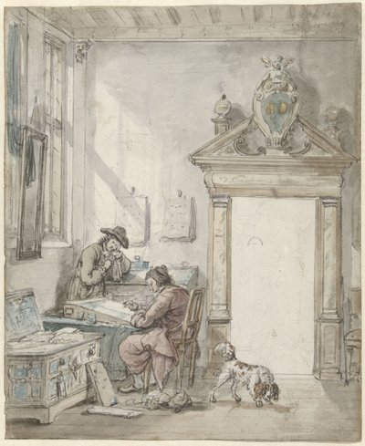 Scena wewnętrzna z piszącym mężczyzną przy biurku autorstwa Abraham van Strij (I)