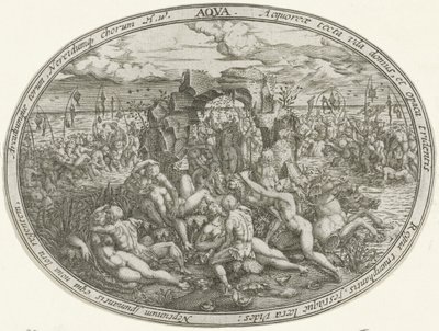 Neptun z Nereidami i Trytonami: Żywioł wody Aqua (tytuł na obiekcie) Cztery żywioły (tytuł serii) autorstwa Abraham van den Hecken