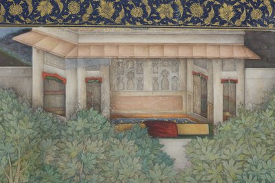 Fragment obrazu cesarza Jahangira ze świętymi ludźmi w ogrodzie, ok. 1615 (nieprzezroczysta toaleta i złoto na papierze) autorstwa Abul Hasan