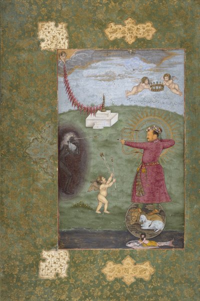 Cesarz Jahangir triumfujący nad ubóstwem, ok. 1620-25 (nieprzezroczysta akwarela, złoto i tusz na papierze) autorstwa Abul Hasan