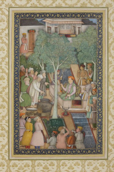 Cesarz Jahangir ze świętymi ludźmi w ogrodzie, ok. 1615 (nieprzezroczyste wc i złoto na papierze) autorstwa Abul Hassan Ghaffari