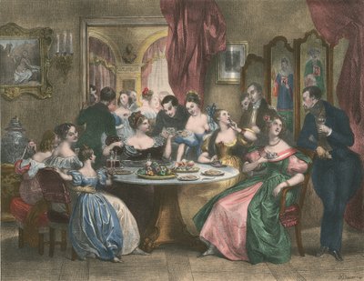 Le The, The Tea Party (kolorowa litografia) autorstwa Achille (after) Deveria