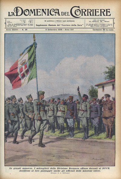 1935 Parada strzelców maszynowych Dywizji Brenner przed Duce - CORRIERE NIEDZIELA - manewr wojskowy. Wojska przechodzą przed Benito Mussoli „„ il Duce”” – ilustracja Achille Beltrame (1871-1945) autorstwa Achille Beltrame