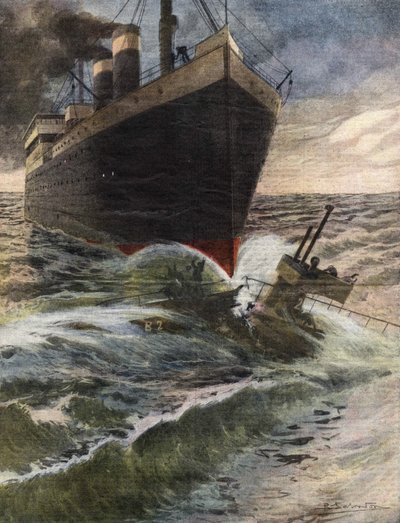 Niemiecki transatlantyk przewraca i rozbija okręt podwodny floty angielskiej u wybrzeży Dover – Ilustracja Beltrame – „” La Domenica del Corriere”” Październik 1912 autorstwa Achille Beltrame