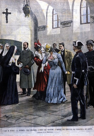 W Madrycie młoda kobieta, Mademoiselle Ubao, zostaje wyrwana z życia zakonnicy w klasztorze, w którym była za namową jezuitów. Ilustracja autorstwa Beltrame. Domenica del Corriere. 1901. autorstwa Achille Beltrame
