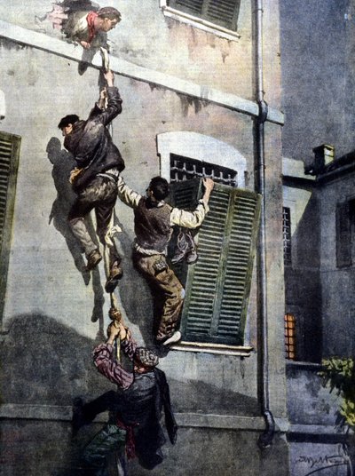 Brawurowa ucieczka czterech więźniów z więzienia Asti po przebiciu się przez ścianę. Rysunek autorstwa Beltrame. Domenica del Corriere. 1902 autorstwa Achille Beltrame
