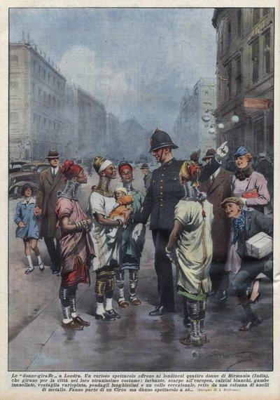 Grupa kobiet-żyraf z Birmy pyta o drogę do angielskiego policjanta (policjanta) w Londynie, ubrane są w turban, tunikę, pierścienie na szyi i nogach. Ilustracja Achille Beltrame w „La domenica del Corriere” z 26.04.1937. autorstwa Achille Beltrame
