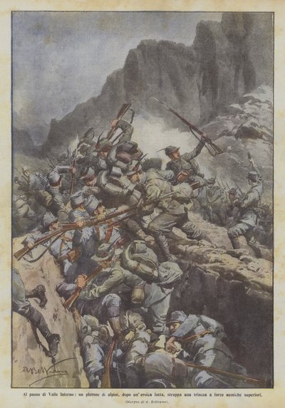Na przełęczy Valle Inferno pluton wojsk alpejskich po heroicznej walce rozrywa rów? autorstwa Achille Beltrame