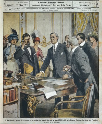 Amerykański prezydent Woodrow Wilson rozpoczyna detonację telegraficznie, która zburzyła ostatnią barierę dla Kanału Panamskiego oddalonego o 6000 kilometrów, przez Achille Beltrame (1871-1945), z La Domenica del Corriere autorstwa Achille Beltrame