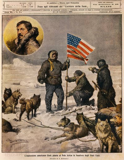 Amerykański odkrywca Cook umieszcza amerykańską flagę na biegunie północnym, ilustracja Achille Beltrame (1871-1945), z La Domenica del Corriere, 12 września autorstwa Achille Beltrame