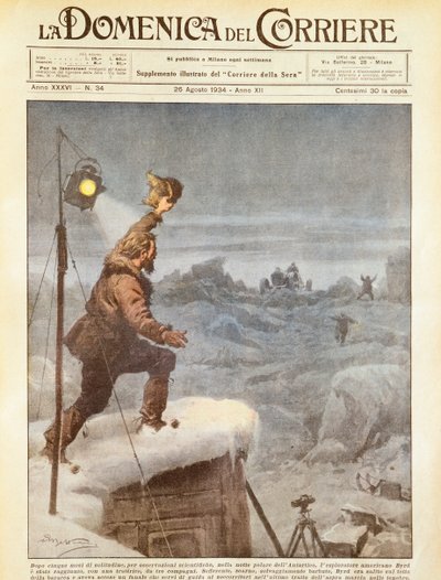 Amerykański odkrywca Richard E Byrd, do którego dołączyli towarzysze na Antarktydzie po pięciu miesiącach samotności, Achille Beltrame, ilustracja, Ilustrator Achille Beltrame (1871-1945), z La Domenica del Corriere, 26 sierpnia 1934 autorstwa Achille Beltrame