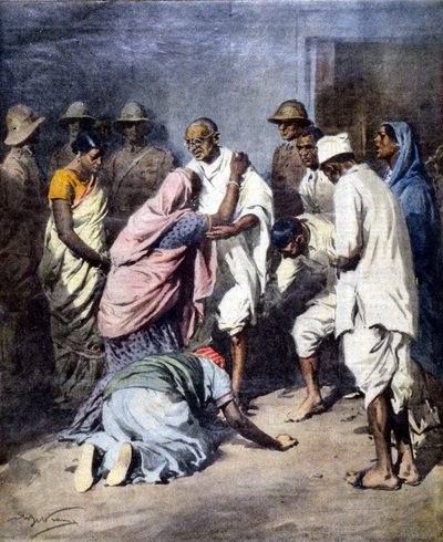 Aresztowanie Mahatmy Gandhiego (1869 - 1948). Chory. de Achille Beltrame. Niedziela Kuriera. 1932 autorstwa Achille Beltrame