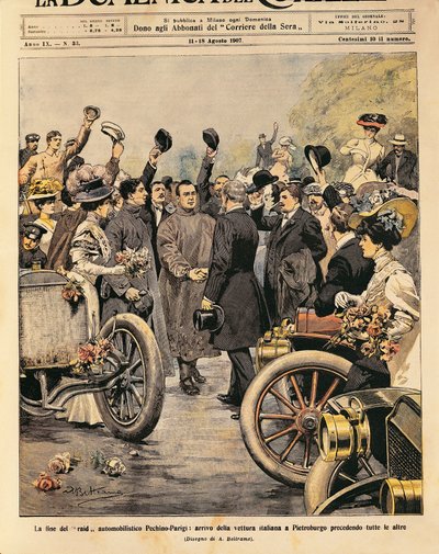 Przyjazd do Sankt Petersburga zwycięskiego włoskiego samochodu (Itala 35/45 KM prowadzony przez Scipione Borghese i Ettore Guizzardi), koniec wyścigu Paryż-Pekin, ilustracja Achille Beltrame z La Domenica del Corriere, 11-18 sierpnia autorstwa Achille Beltrame