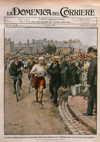 Przybycie Dorando Pietriego (1885-1942) w maratonie, Igrzyska Olimpijskie w Londynie, ilustracja Achille Beltrame z La Domenica del Corriere, 2-9 sierpnia autorstwa Achille Beltrame