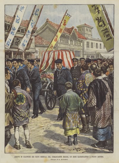 Przybycie do Japonii szczątków komandora Hirose, bohatera, który poświęcił się w Porto Arturo autorstwa Achille Beltrame