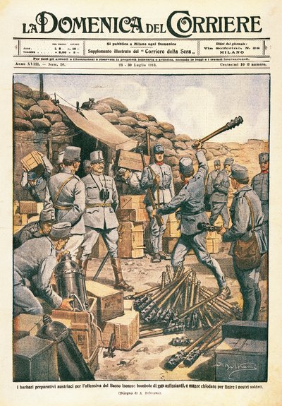 Barbarzyńcy austriaccy przygotowujący się do ofensywy na dolnym Isonzo, ilustracja z La Domenica del Corriere, 23 lipca autorstwa Achille Beltrame