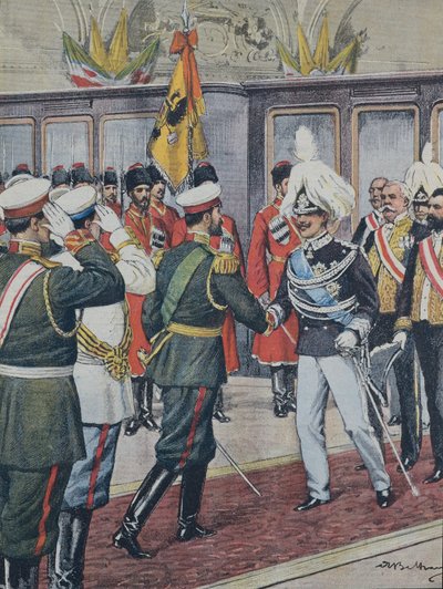BELTRAME, Achilles (1871-1945). Wiktor Emanuel III (1869-1947). Król Włoch (1900-1946).; Mikołaja II. Car Rosji (1894-1917). ROSJA. Car przyjmuje w Peterhofie króla Włoch Wiktorię Emanuela III. A. Ilustracja Beltrame. Domenika C autorstwa Achille Beltrame