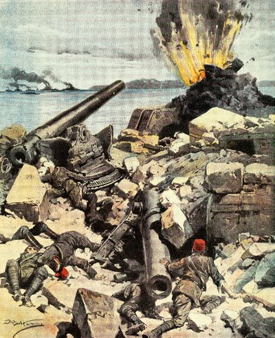 Bitwa pod Dardanelami, flota angielsko-francuska niszczy forty Dardanele, aby przebić się przez Cieśninę i dotrzeć do Konstantynopola, Achille Beltrame (1871-1945), ilustracja z La Domenica del Corriere, 14-21 marca autorstwa Achille Beltrame