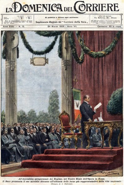 Benito Mussolini wygłasza przemówienie w Teatro Reale opery w Rzymie przed przywódcami reżimu. ilustracja Achillesa Beltrame’a”, „Domenica del corriere”” z 24 marca 1929 r. autorstwa Achille Beltrame