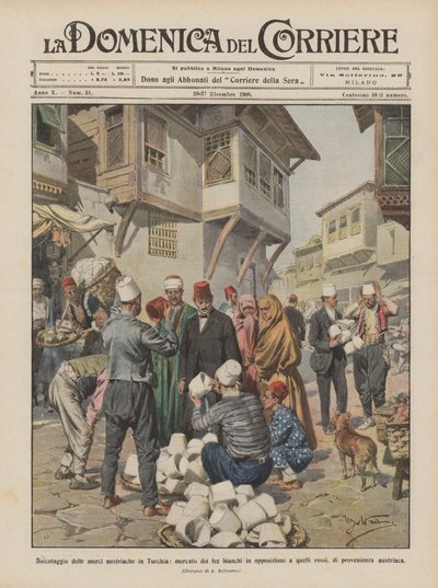 Bojkot austriackich towarów w Turcji, rynek białych fezów w opozycji do tych? autorstwa Achille Beltrame