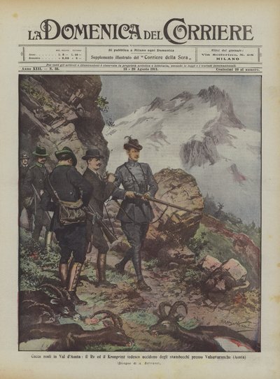 Królewskie polowania w Val dAosta, król i niemiecki Kronprinz zabijają koziorożce w pobliżu Valsavaranche (Aosta) autorstwa Achille Beltrame