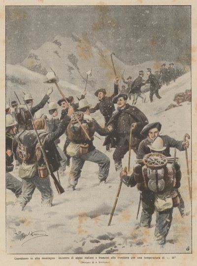 Sylwester w wysokich górach, spotkanie włoskich i francuskich wojsk alpejskich na granicy przy temperaturze -16° autorstwa Achille Beltrame