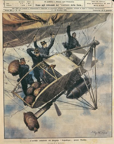 Katastrofa sterowca Republique koło Moulins we Francji, ilustracja Achille Beltrame z La Domenica del Corriere, 3-10 października autorstwa Achille Beltrame