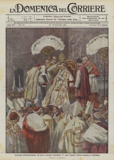 Ceremonia koronacji nowego Papieża Benedykta XV w Kaplicy Sykstyńskiej w niedzielę 6 września autorstwa Achille Beltrame