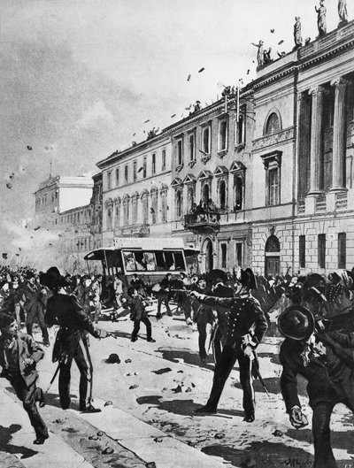 Starcie między demonstrantami a policją w Mediolanie, Corso Venezia, przed Palazzo Saporiti, 7 maja autorstwa Achille Beltrame