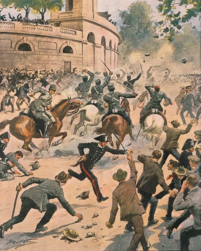 Starcia przed areną podczas strajku generalnego w Mediolanie, ilustracja Achille Beltrame z La Domenica del Corriere, czerwiec 1914 autorstwa Achille Beltrame