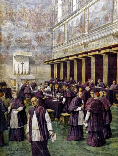 Konklawe w Kaplicy Sykstyńskiej z okazji wyboru nowego papieża. Ilustracja autorstwa Beltrame. Domenica del Corriere. 1903. autorstwa Achille Beltrame