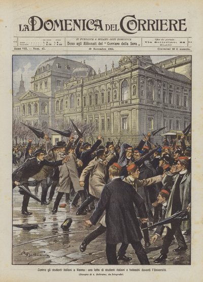 Z włoskimi studentami w Wiedniu, walka włoskich i niemieckich studentów przed Uniwersytetem autorstwa Achille Beltrame
