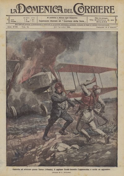 Zmuszony do lądowania w pobliżu Zarnec (Albania), kapitan Ercole podpala samolot i zabija napastnika autorstwa Achille Beltrame