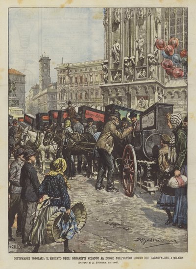 Costumanze Popular, targ organetowy obok katedry w ostatnim dniu Carnovalone w Mediolanie autorstwa Achille Beltrame