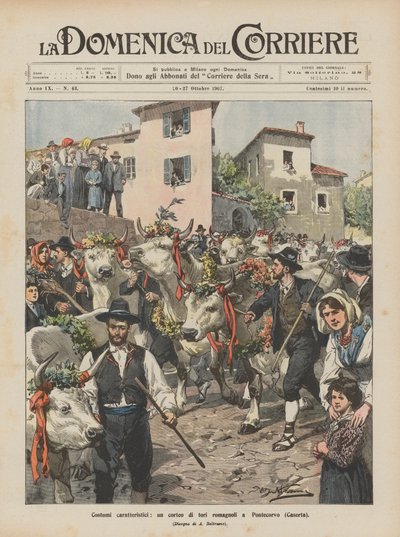Charakterystyczne stroje, procesja byków Romagna w Pontecorvo (Caserta) autorstwa Achille Beltrame