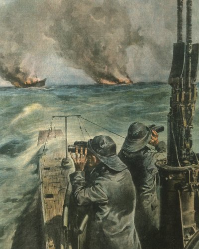 Ilustracja na okładce przedstawiająca anglo-amerykańskie parowce storpedowane u wybrzeży Afryki Zachodniej podczas II wojny światowej autorstwa Achille Beltrame