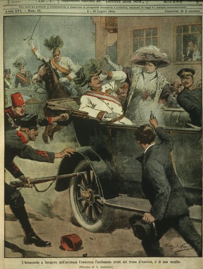 Ilustracja na okładce przedstawiająca zabójstwo arcyksięcia Franciszka Ferdynanda Austrii, następcy tronu austro-węgierskiego, Sarajewo autorstwa Achille Beltrame